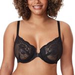 Delimira Women's Front Fastening Bras Lace Unlined Full Coverage Plus Size Sheer Plunge Underwire Bra Black 36DD