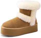 DREAM PAIRS Winter Platform Fur Boots for Women Genuine Suede Faux Fur Snow Booties Classic Warm Slip-On Memory Foam Comfort FuzzyChic Plush Platform Ankle Boots,Size 12,Chestnut,SDSB2435W