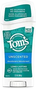 Tom's of Maine Natural Deodorant Stick, Aluminum Free, Long Lasting, Unscented, 2.25 Ounce