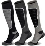Merino Wool Ski Socks, Cold Weather Socks for Snowboarding, Snow, Winter, Thermal Knee-high Warm Socks, Hunting, Outdoor Sports (3 Pairs (Black Grey Grey), Large)