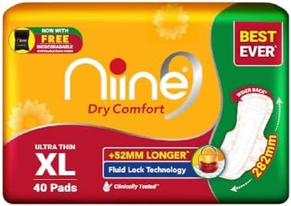 Niine Dry Comfort Ultra Thin XL Sanitary Pads for Women |40 Pads, Pack of 1| 282mm Long| Fast Absorption| Prevents Wetness & Leakage| Enjoy Leak-free Periods |With Fluid Lock Technology