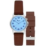 Bandini Womens Glow Watch Set - Leather & Extra Silicone Band - 28mm Analog Ladies Easy to Read Wrist Watch with Light, Light Up, White Dial, Big Numbers, Glow in Dark Hands - Silver Tone/Brown