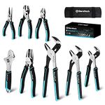 DURATECH 8-Piece Pliers Set with Rolling Pouch, Premium Cr-V/Cr-Ni Construction, (12", 10", 8" Groove Joint Pliers, 8" Adjustable Wrench, 8" Linesman, 6" Long Needle Nose, 6" Slip Joint, 6" Diagonal)