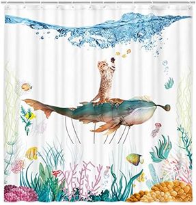 Grtuspr Funny Cat Shower Curtain for Kids, Cute Cats Rides Bule Whale Diving Shower Curtain for Girls Adorable Baby Bathroom Decor, Farmhouse Tropical Fish Coral Turtle Underwater Shower Curtain Sets