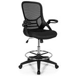 COSTWAY Mesh Drafting Chair, Ergonomic Swivel Office Chair with Adjustable Footrest, Height Adjustable Mid-Back Padded Executive Task Computer Desk Chairs (with Flip-up Armrests, Black)