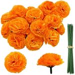 50 pcs Marigold Flowers, Silk Marigold Flower with Stem Artificial Flowers Marigolds Flo de Muerto for Dia de Los Muertos, Mexican Flower Heads Bulk for Day of The Dead, Ofrendas,Diwali Party Décor