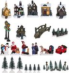 Albert Austin Light Up 25 Piece Christmas Village Scene Resin Buildings People Lamps Traditional Miniature Figurines Festive Xmas Decoration Christmas Nativity Set with LED Lights Set