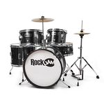 Rockjam RJ105-BK Complete Junior Drum Set with Cymbals, Drumsticks, Adjustable Throne and Accessories - Black, 5-Piece