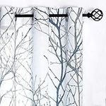 Blue White Curtains 84” for Living Room Grey Tree Branches Print Curtain Set Linen Textured Semi-Sheer Window Drapes for Bedroom Grommet Top, 2 Panels