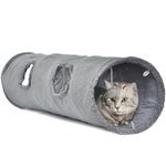 LeerKing Large Cat Tunnel 51"(L) Dia 12" Collapsible Extra Long Cat Play Tunnel Indoor Outdoor Suede Crinkle Cat Tube Tunnel Toy with Ball and Peek Hole for Kittens Rabbits Puppy, L, Grey
