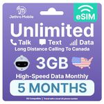 eSIM USA, 3GB High-Speed Mobile Data, Unlimited Talk, Text, & Data, Mobile Hotspot, Phone Plan for US Travel with International Calling Plan, Jethro Mobile (5 Months)