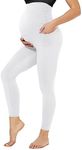 TNNZEET Maternity Leggings Over The Belly with Pockets, White Workout Yoga Pregnancy Pants