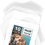 Mat Board Center Acid-Free Pre-Cut 16x20 White Picture Mat Set. Includes a Pack of 10 White Core Bevel Cut Mattes for 11x14 Photos Backers & Clear Bags