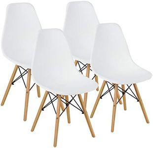Giantex Eames Dining Chairs, Molded Shell Plastic Chairs w/Wood Legs & Ergonomic Backrest, Pre Assembled, Modern Armless Chairs for Kitchen, Eiffel DSW Style Side Chairs, Max 200 KG (White, Set of 4)