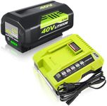 6.0Ah OP40601 Replacement for Ryobi 40V Battery Lithium Ion and OP401 Charger Compatible with Ryobi 40 Volt Battery OP4026 OP4050A OP4040 OP4030 OP4050 Replacement for Ryobi 40v OP401 Charger (Green)