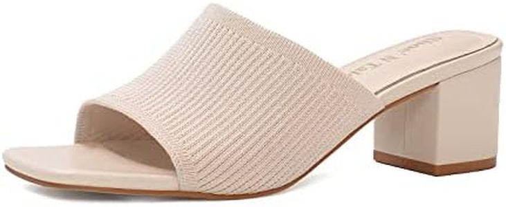 Shoe'N Tale Heeled Sandals For Women Square Open Toe Heeled Mules Chunky Block Low Heel Slip On Slides, Beige, 8