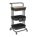 DTK 3 Tier Rolling Cart Uility Cart with Cover Board, Mobile Storage Cart with Wheels, Cups, Hooks for Office Utility Kitchen Bathroom Homeschool Art Craft Postpartum Teacher Cart Organizer(Black)
