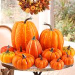 Ywlake 16 Pcs Assorted Sizes Artificial Pumpkins, Large Orange Fake Pumpkin Fall Decor for Autumn Harvest Thanksgiving Halloween Decoration Faux Pumpkins for Outdoor Decorating