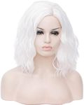 Women Short White Bob Wig, ATAYOU Short Wavy White Wigs Middle Parts Halloween Wig Synthetic Cosplay Women Wig (White 365)