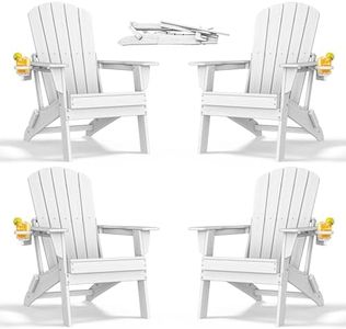 nevilywood Folding Adirondack Chair with Cup Holder Set of 4, HDPE Patio Chairs,All-Weather Outdoor Chairs for Backyard, Deck,Fire Pit-White