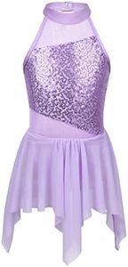 TiaoBug Girls Lyrical Costume Athletic Dance Dresses Halter Sequins Criss Cross Back A-Line Leotard Dress Lavender A 8