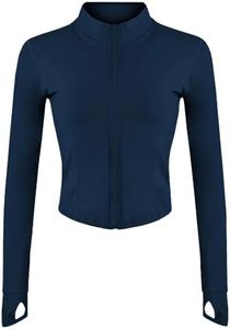 Lviefent Womens Lightweight Full Zip Running Track Jacket Workout Slim Fit Yoga Sportwear with Thumb Holes (Navy, Large)