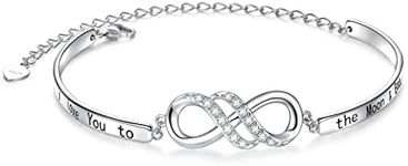 925 Sterling Silver Infinity Inspirational Bracelet With Message "Always My Sister, Forever My Friend", Adjustable Sisters Bracelets Friendship Jewelry for Women Girls Love Gifts for Mother Daughter Wife, 6.5+3 inches, 925 sterling silver, cubic-zirconia