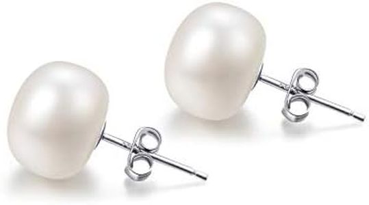 Perle Boucle D'oreille Femme Fantaisie Argent 925 Clous Perles de Culture D'eau Douces Naturelles Plates Blanches 10 MM