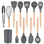 GREEVA 12 Pcs Silicone Kitchen Utensils Set with Holder Heat Resistant Silicone Spatula Turner Set Wooden Spoons Kitchen Tools Cooking Utensils for Nonstick Cookware (Grey)