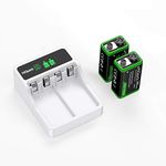 HiQuick 2-slot 9V Battery Charger, Fast Charging Function, Type C and Micro USB Input, with 2 x 280mAh 9V NI-MH Rechargeable Batteries, Battery and Charger Set