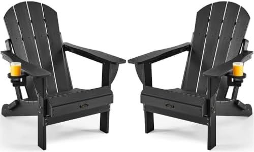 Ciokea Folding Adirondack Chair with Cup Holder HDPE Matte Black