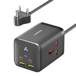 Ambrane 6-in-1 Power Hub Charger 65W Fast Charging, 6 Ports - 2 Type-C, 2 USB, 2 AC Sockets (2500W), Multi-Port Desktop Charger for Laptop, iPhone, Android, Portable Charging Station (Charge Hub 65)