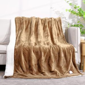 CURECURE Manta Eléctrica Throw Acogedora Manta de Franela, 130 * 180 cm Manta de Tamaño Doble, 6 Niveles de Calefacción y Apagado Automático de 6 Horas, Controlador Desmontable,Caqui