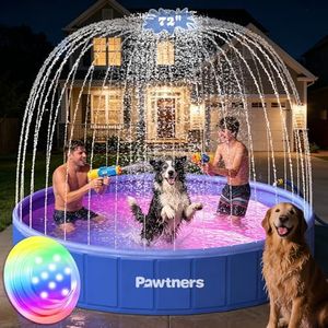 Pawtners Foldable Dog Pool with Sprinkler & RGB LED Light, 72", Blue