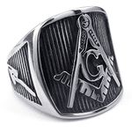 TEMEGO Jewelry Mens Stainless Steel Ring, Freemason Masonic Engraved Symbol Band, Black Silver