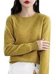 Women 100% Merino Wool Lightweight Sweater Solid Color Crewneck Sweater Basic Base Layer Jumper, Mustard Yellow, XX-Large