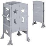 Qaba Folding Toddler Tower, Kitchen Helper Step Stool with Support Handles, Safety Rail and Non-Slip Strips, for Kids Washroom Dining Room Learning, Grey