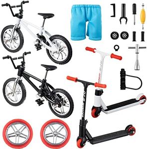 Zomiboo 18 Pieces Finger Toy Set Including Alloy Finger Bikes, Finger Scooter, Finger Pants, Replacement Wheels, Bike Lock and Mini Tools Movement Party Favors(Black, White, Blue)