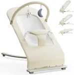 3-in-1 Portable Baby Bouncer & Rocker Chair for Newborn to Toddler - 4 Adjustable Recline Positions, Breathable Cotton Fabric, Natural Vibration, Supports Up to 33 lbs (Oatmeal Khaki)