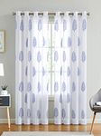 LINENWALAS Cotton Linen Sheer Curtains 5 Feet Long Set of 2 Panels, Printed Curtain for Window Home Decor Items for Living Room Bedroom, Drapes with Grommets Hanging Style (5 Ft, Blue Leaf)