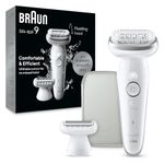 Braun Silk-épil 9, Epilator with Pivoting Head for Easy Hair Removal, Wet & Dry, Lasting Smooth Skin, with Lady Shaver Head & Trimmer Comb, 9-041, White/Silver