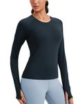 CRZ YOGA Women's Sports Long Sleeve Shirts Ribbed Running Shirt with Thumb Hole Breathable Quick Dry Fitness Tops True Navy 12