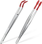 2 Pieces Tweezers with Rubber Tips Set PVC Rubber Coated Tips Bent and Straight Flat Tip Tweezers Stamp Coins Jewelry Hobby Crafts Industrial Electronic Tweezers Tools (Silver, Red)