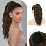 RUWISS Ponytail Extension, 18 Inch Wavy Curly Drawstring Ponytail for Daily Party Use, Synthetic Natural Hairpieces for Women, Brown Mixed Dark Blonde