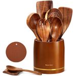 Spardar Wooden Kitchen Utensils, 9-Piece Set Wooden Spoon Set with 6 Teak Wood Cooking Spoons, Spoon Rest, Pot Holde, 4.4 Inch Utensil Holder, as Kitchen Decoration and Housewarming Gift