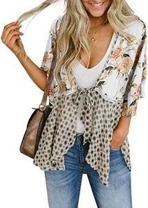 Women Boho Floral Kimono Cardigans 3/4 Sleeve Flowy Belt Tie Loose Cover Up Shirt Blouse Tunic Tops White