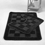 Bath Mat & Pedestal Mat Chequered 2 Piece Sets Bath Mats for Bathroom Shower U-Shaped Contour Toilet Mat Plush Non-slip Antibacterial Rubber Back Rugs (Black)