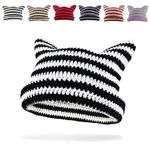 GLGHMH Women's Cat Ear Beanie Hat, Vintage Striped Winter Warm Cap, Elastic Matching Knit Crochet Cat Beanie Hat for Kids Girls Adults (Black-White)