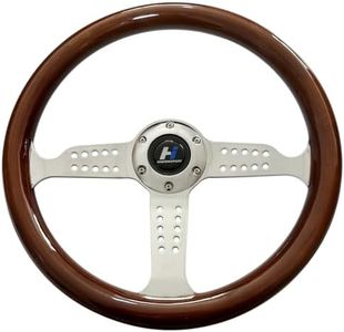 Hiracing 14" Universal Classic Wood Grain Steering Wheel Brushed 3 Spoke 1.5 inch Depth Steering Wheel with Horn Button 6 bolts (-3)