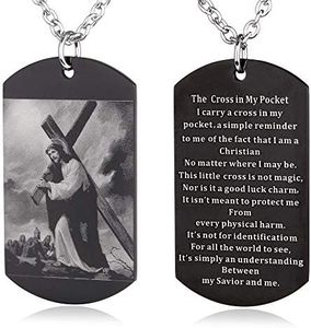 FAYERXL Christ With The Cross Holy Bible Verse The Cross In My Pocket Catholic Prayer Black Dog Tag Necklace,Jesus Carries Cross Scripture Baptism Religious Gifts (The cross in my pocket)